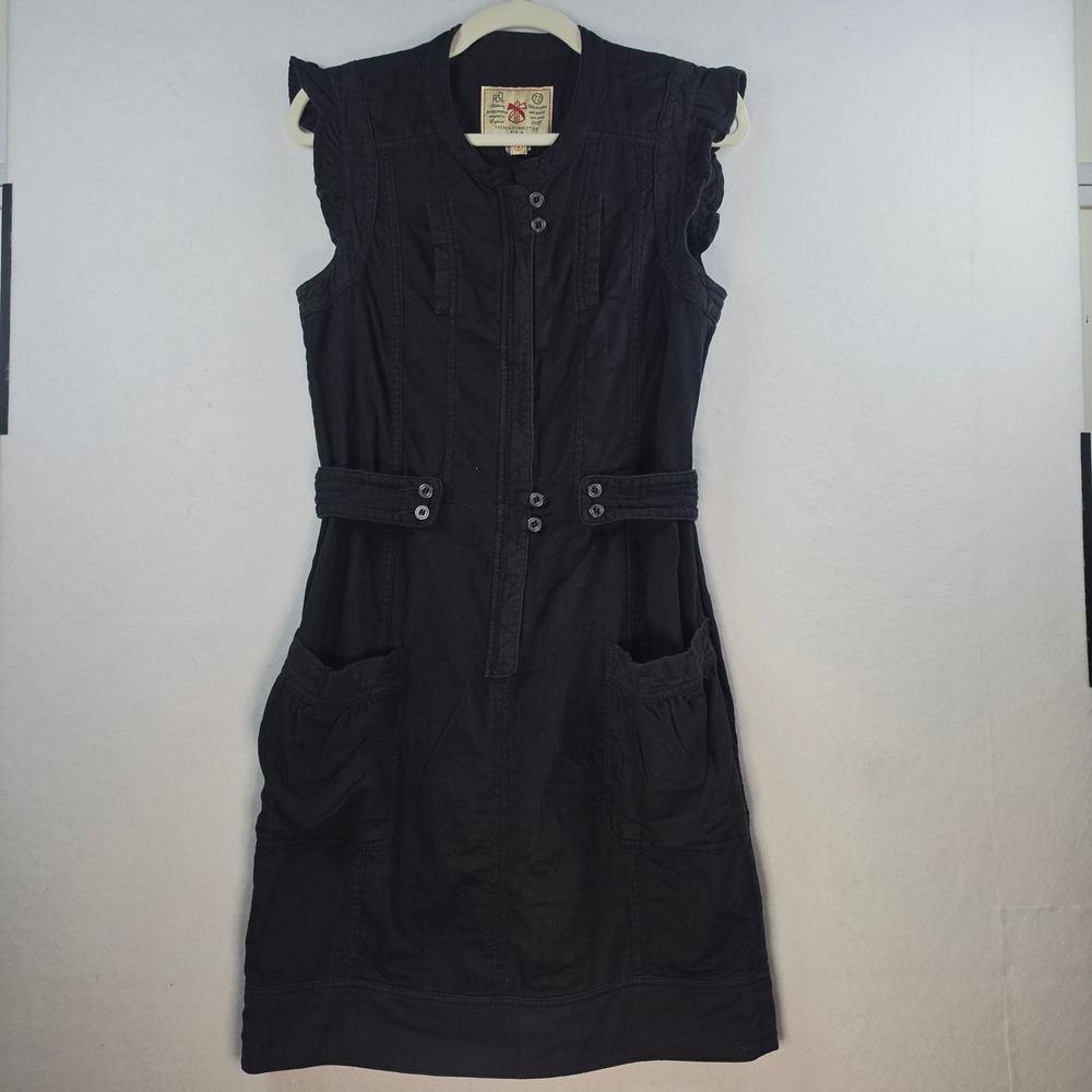 French Connection Denim Dress Black Ruffle Cap Sleeve Utility Button Front 8